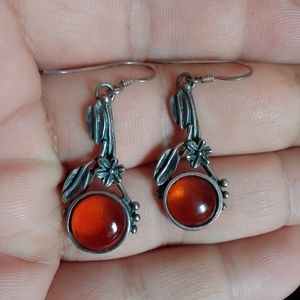 Vintage Sterling Silver Earrings With Amber Stone